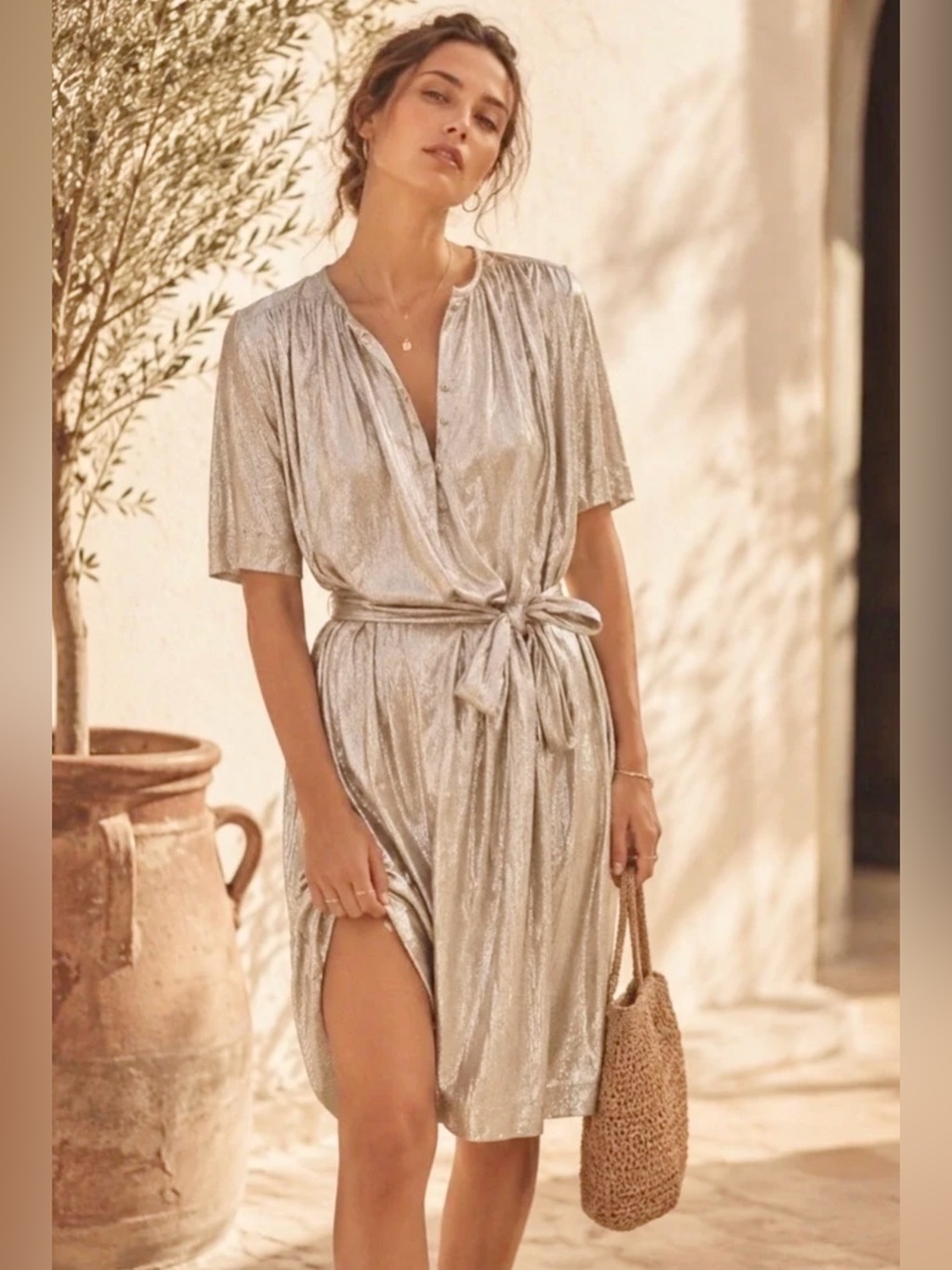 Sabina Musayev x Anthropologie Mercury Metallic Gold Shimmer Shirt Dress Mini